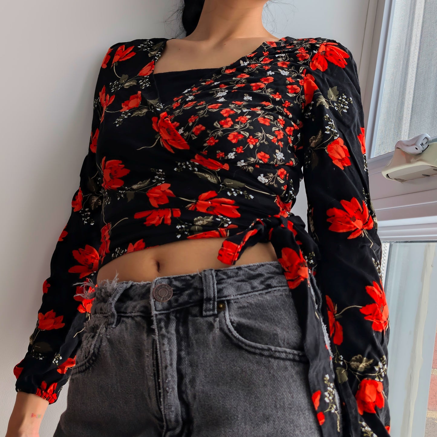 Black floral Long Sleeve Wrap Top