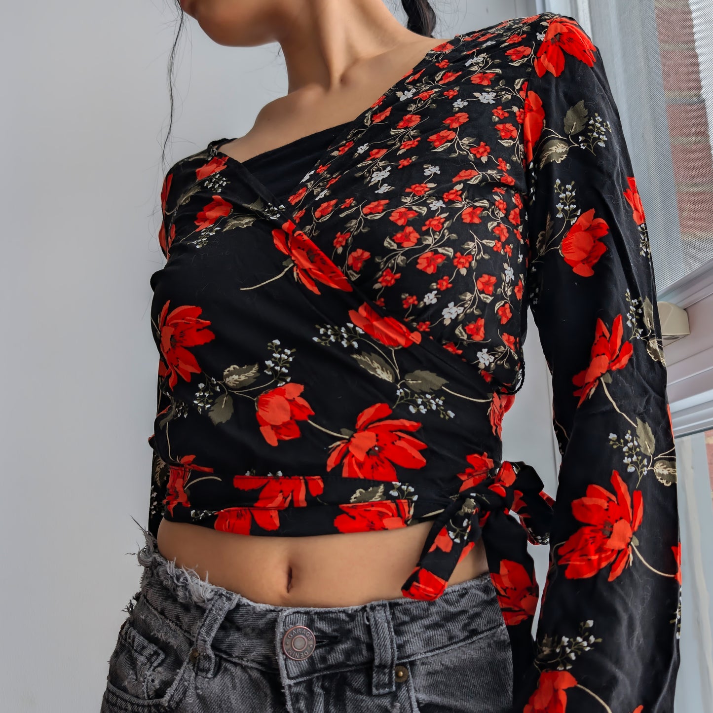 Black floral Long Sleeve Wrap Top