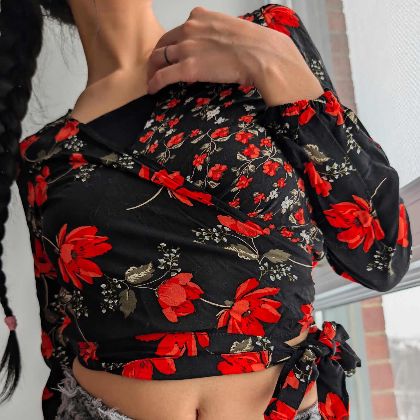 Black floral Long Sleeve Wrap Top
