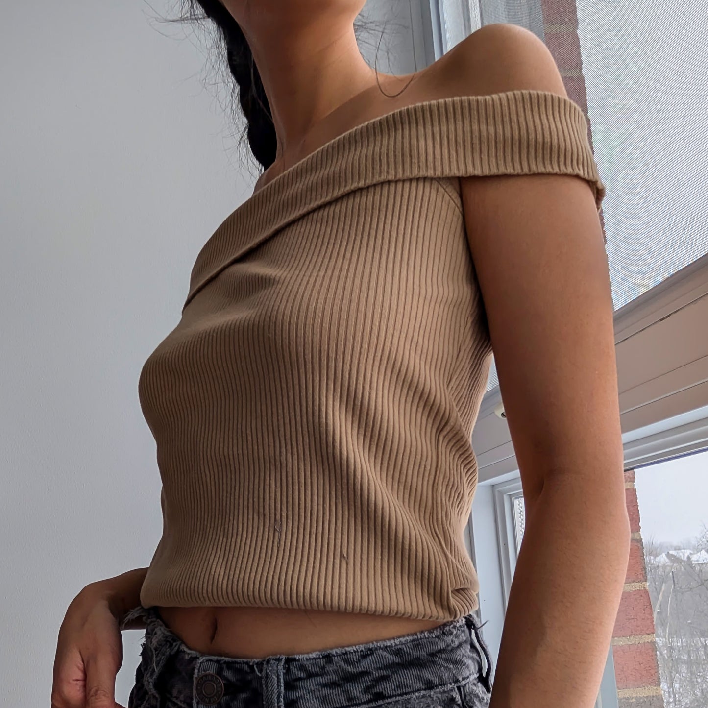Off the shoulder tan fold over top