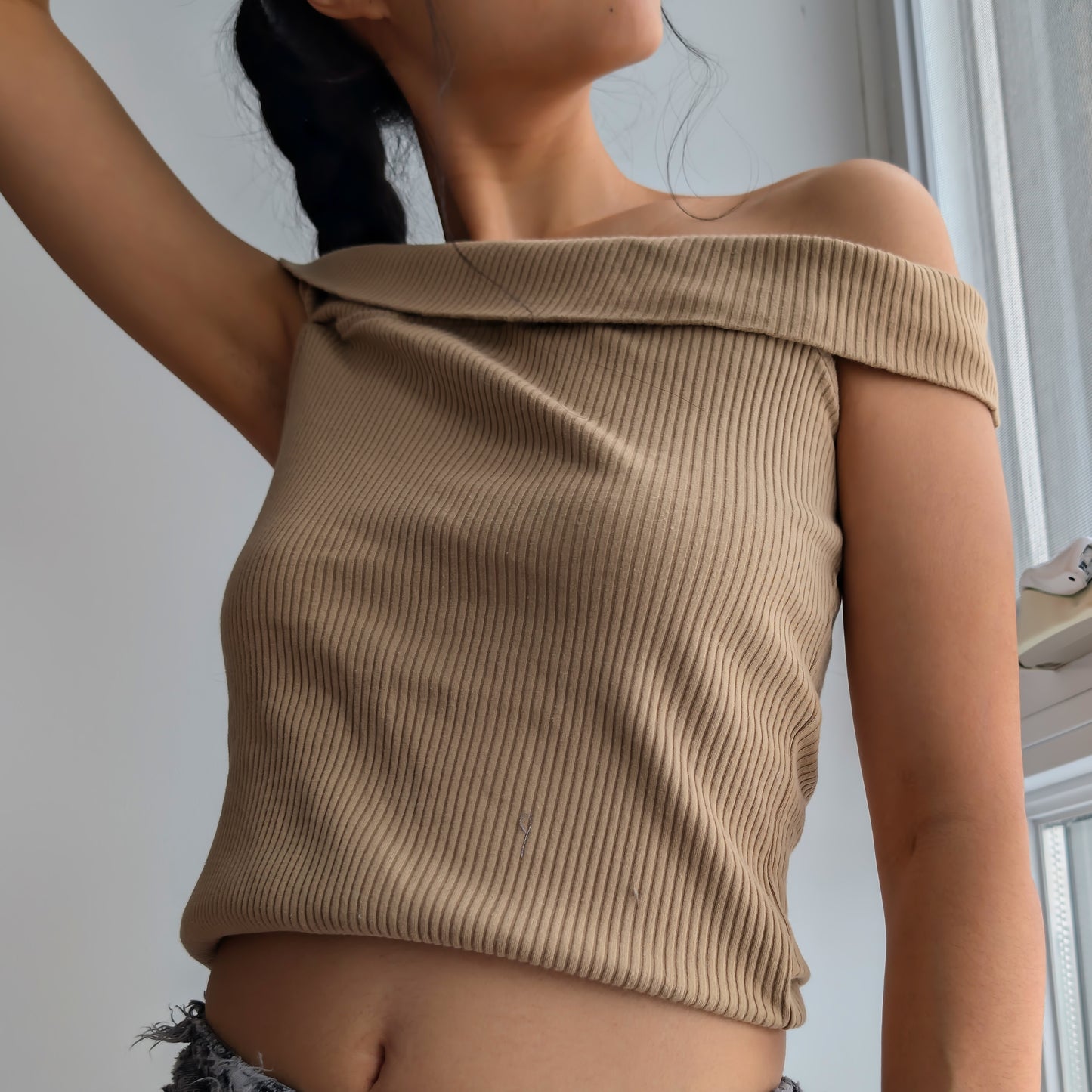 Off the shoulder tan fold over top