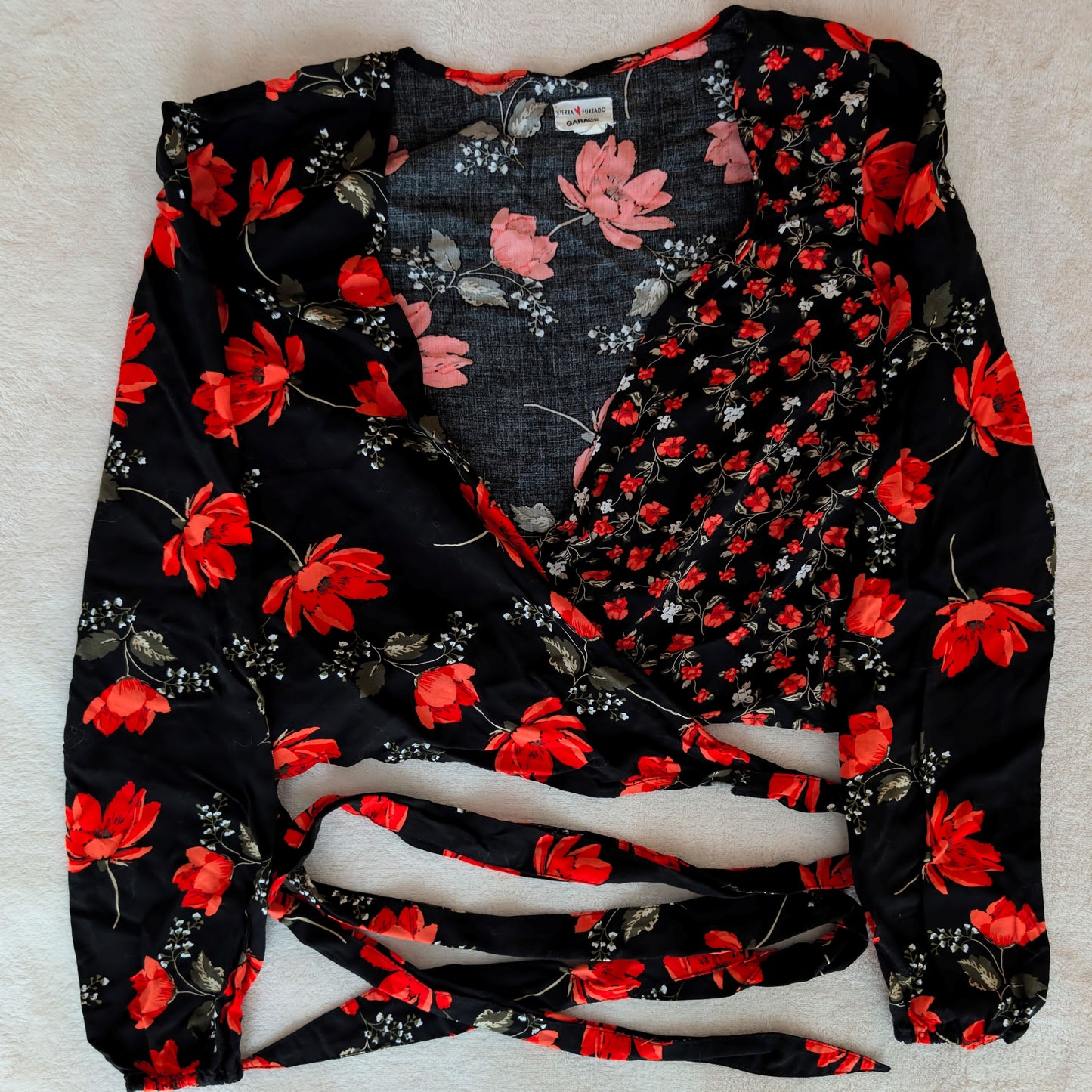 Black floral Long Sleeve Wrap Top